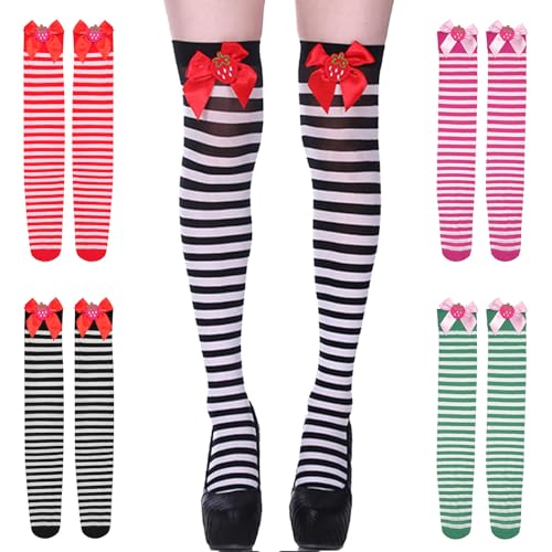 Green and White Striped Tights, Women’s Green and White Striped Thigh Highs Socks with Strawberry Pink Ribbon (Black) von behound