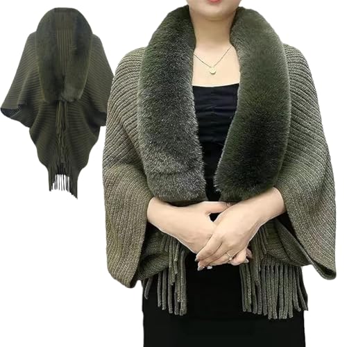 Permitime Shawl, Knitting Thick Women's Loose Shawl with Fur Collar, Winter Warm Knit Fringe Fur Collar Shawl Cape for Evening Dresses (Green) von behound