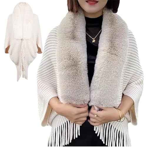 Permitime Shawl, Knitting Thick Women's Loose Shawl with Fur Collar, Winter Warm Knit Fringe Fur Collar Shawl Cape for Evening Dresses (White) von behound