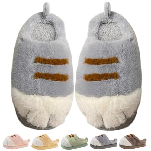 Women Cat Paw Slippers, Cute & Cosy Cat Feet Slippers, Winter Warm Plush Slippers 3D Cat Paw House Fur Slides Fluffy Shoes for Indoor Outdoor (Grey,EU 40-41 / US 10-11) von behound