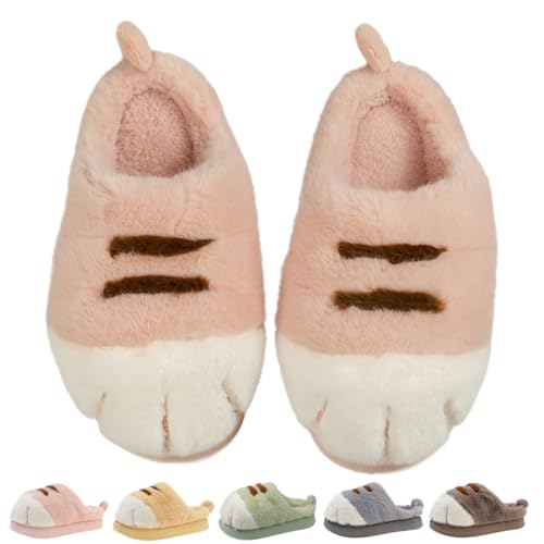 Women Cat Paw Slippers, Cute & Cosy Cat Feet Slippers, Winter Warm Plush Slippers 3D Cat Paw House Fur Slides Fluffy Shoes for Indoor Outdoor (Pink,EU 38-39 / US 8-9) von behound