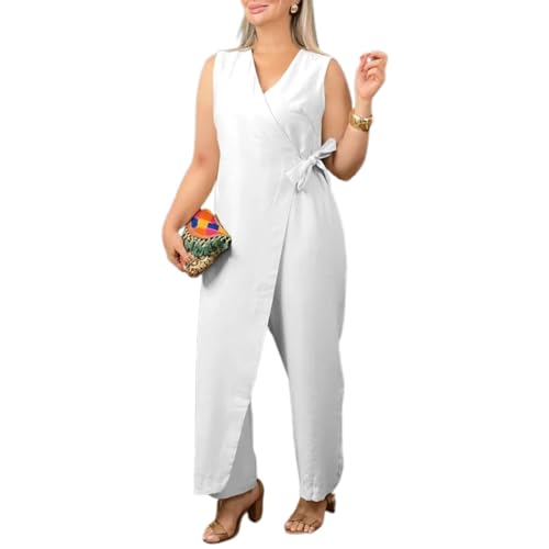 Women's Casual V-Neck Cross Strap Jumpsuit, Solid Color Loose Sleeveless Tie-Waist Dressy Jumpsuits for Evening Party (White,2XL) von behound