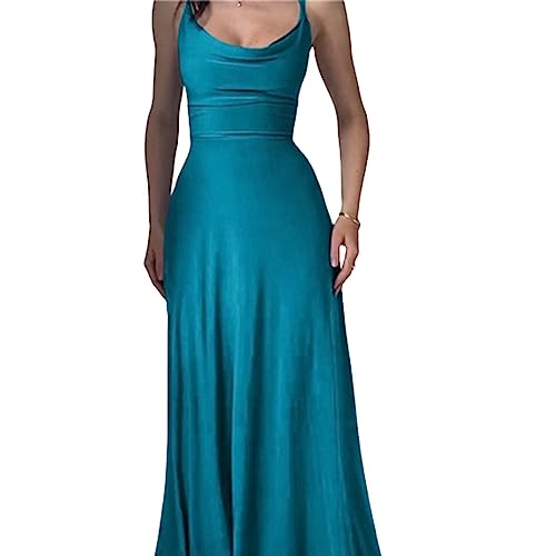 behound Lulah Drape Maxi Dress with Built-in Bra, Summer solid Color Round Neck Sling Waist sexy Dress (M,Dark Blue) von behound