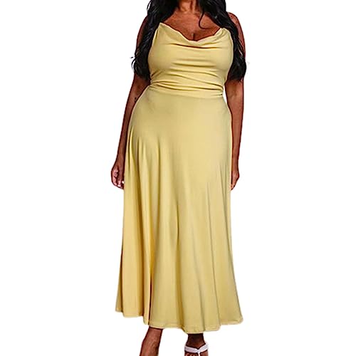 behound Lulah Drape Maxi Dress with Built-in Bra, Summer solid Color Round Neck Sling Waist sexy Dress (XS,Yellow) von behound