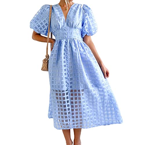 behound Square Patterned Fabric Puff Sleeve Dress, Womens Easter Lantern Sleeve Floral Dresses 2023 (Light Blue,M) von behound