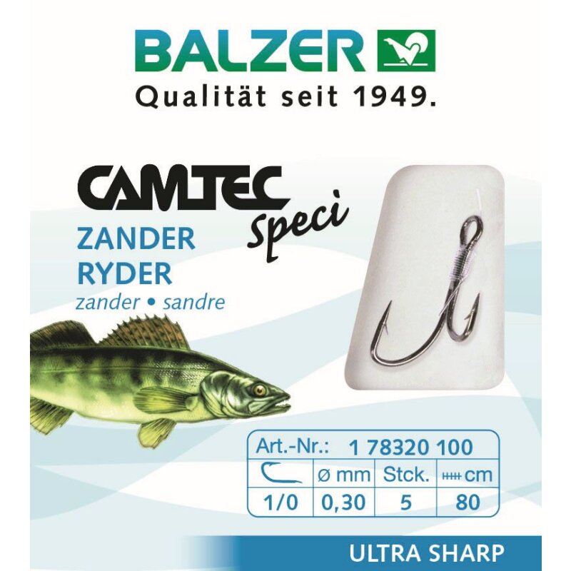 BALZER Camtec Zander Ryderhaken Gr.2 80cm 0,25mm Brüniert 5Stk.