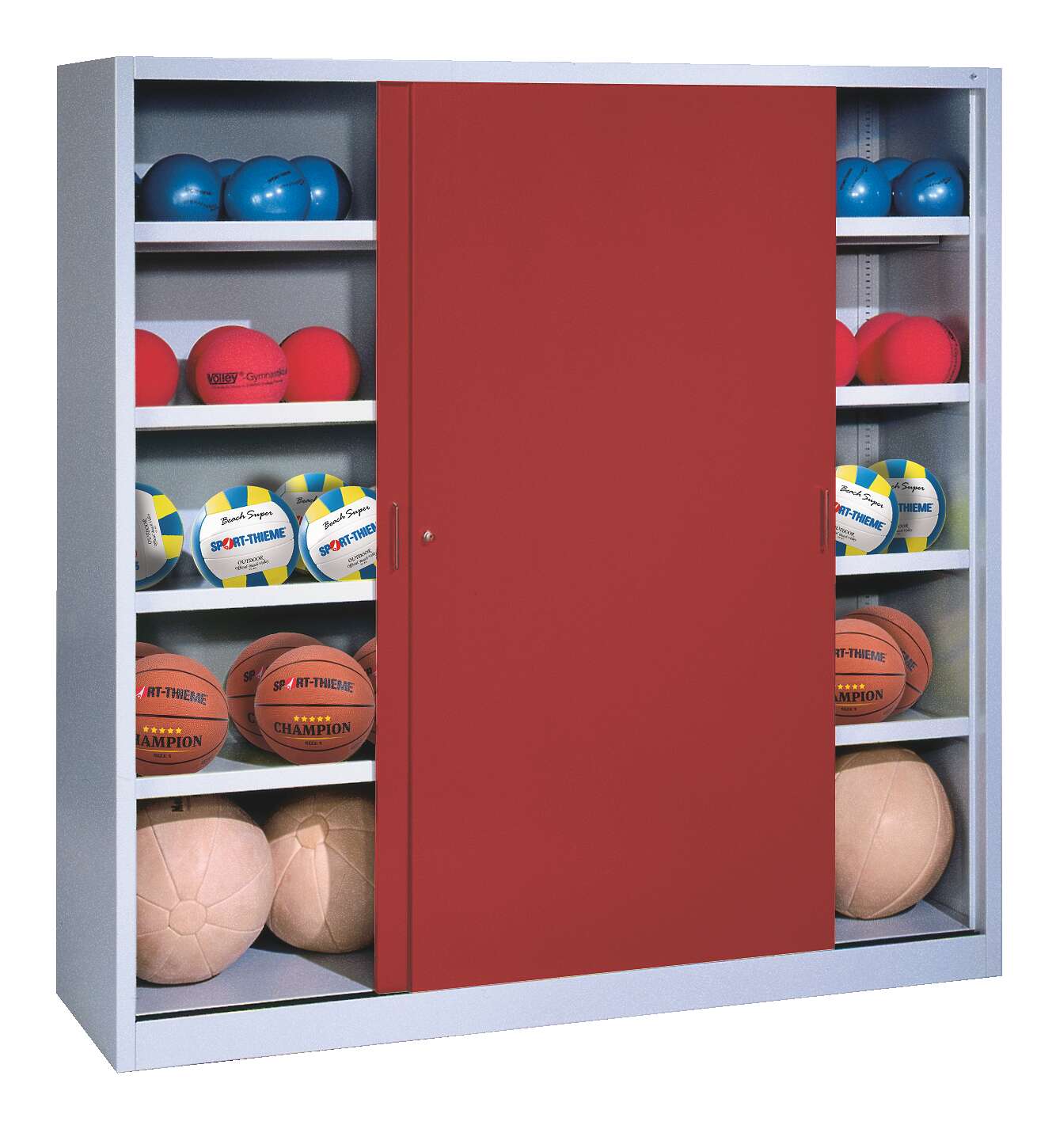 C+P Ballschrank mit Vollblech-Schiebetüren (Typ 4), HxBxT 195x160x50 cm, Rubinrot (RAL 3003), Einzelschließung von C+P