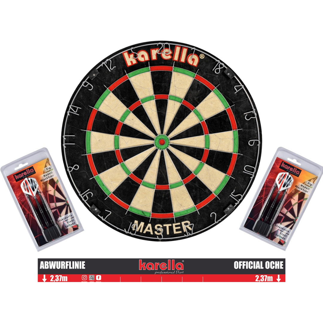 Dartboard Karella Master Set inkl. Karella Steeldarts und Abwurflinie Dartboard Karella Master Set inkl. Karella Steeldarts und Abwurflinie