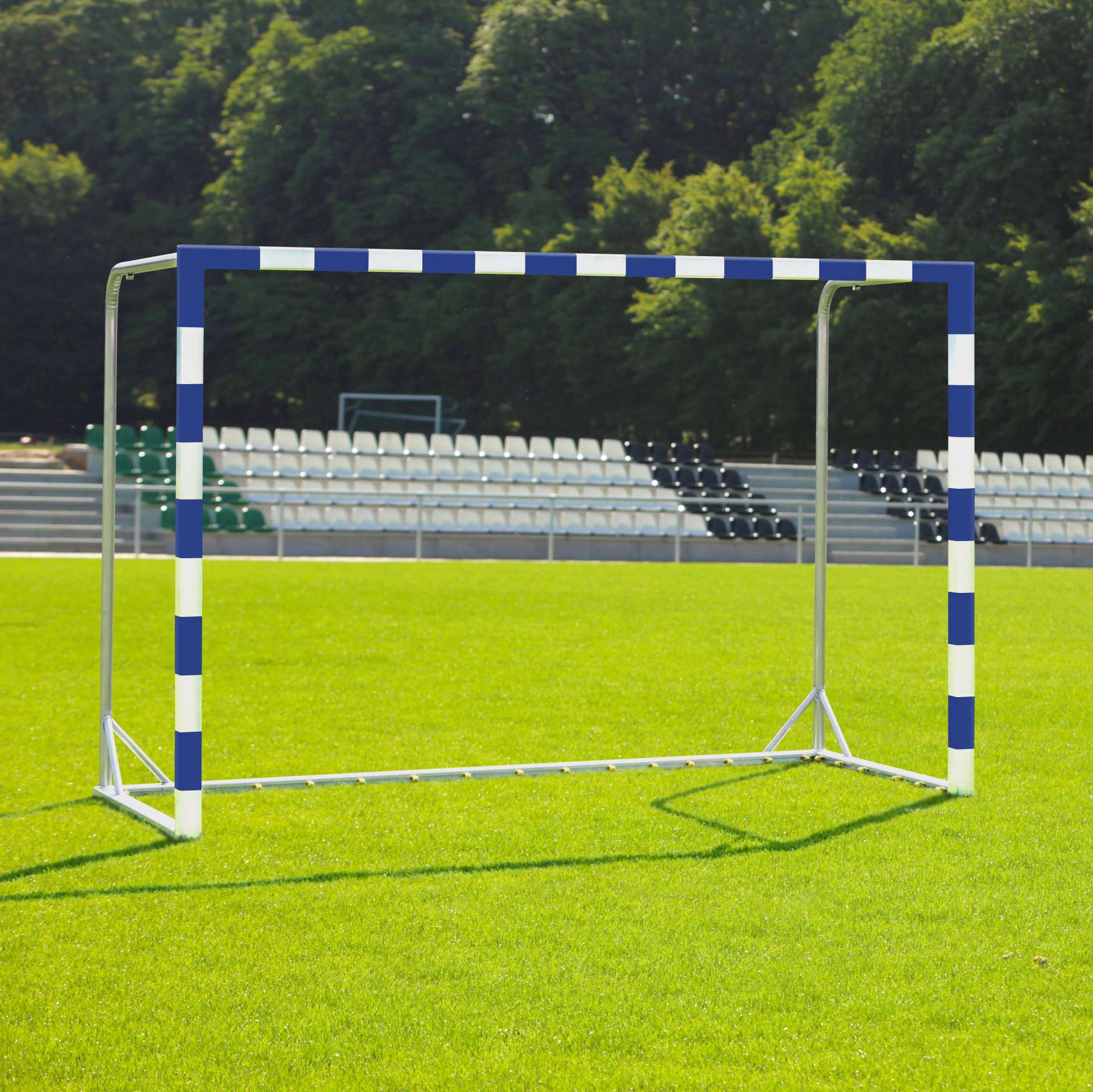 Handballtor mit beklebtem Torrahmen, Blau-Weiß, Mit fest stehenden Netzbügeln