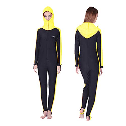 Neoprenanzug für Damen mit Kapuze vorne Reißverschluss, Schnell Trocknende Ultra-Stretch-Winter Tauchanzug Ganzkörper-Langarm-Thermo-Wetsuits,Yellow-XXL