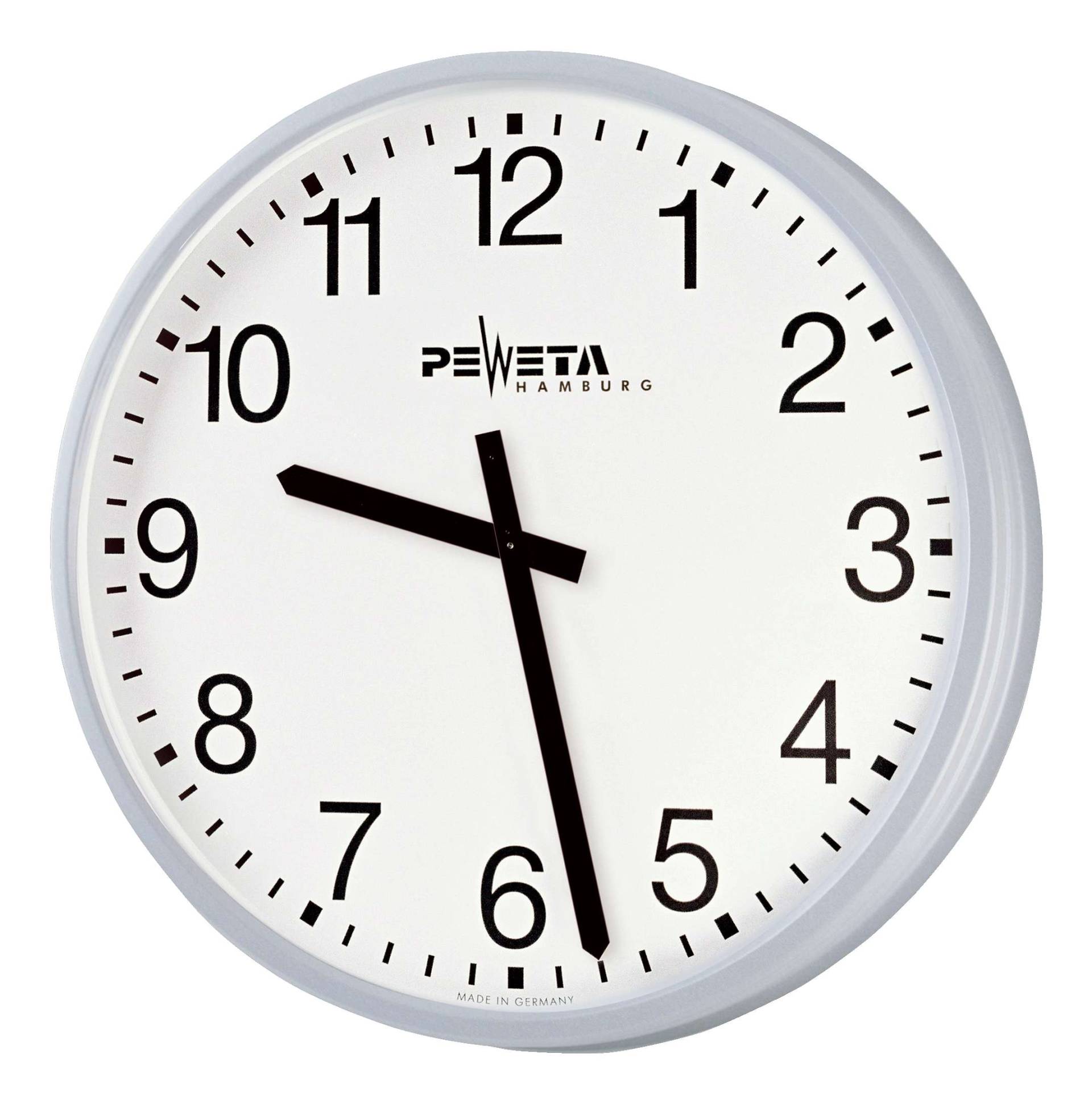 Peweta Wanduhr Großraum, ø 42 cm, Netzbetrieb, Ballwurfsicher, Zifferblatt DIN-Balken von Peweta