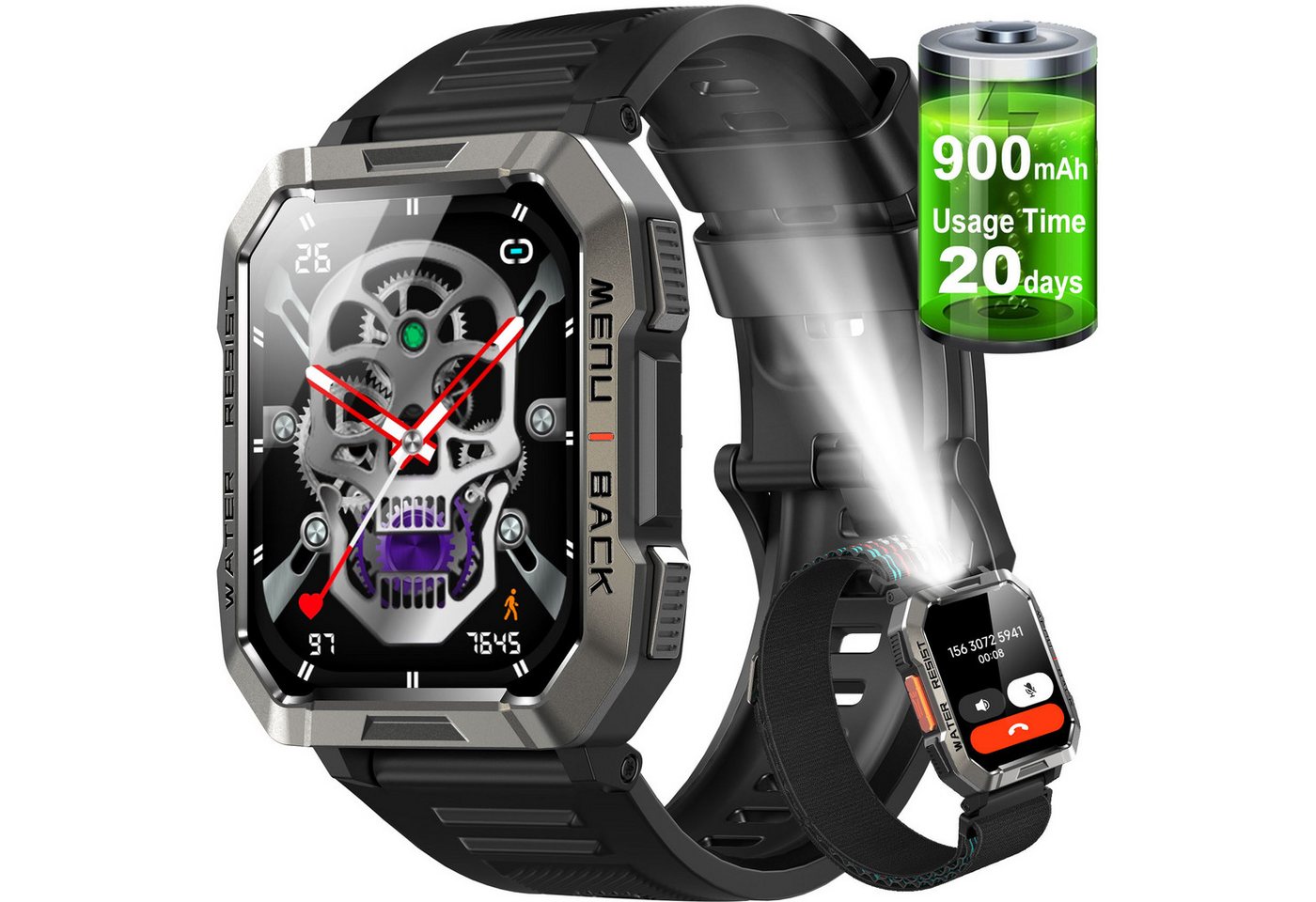blackview W60 Fitness-Uhr Militärstil mit Telefonfunktion LED Taschenlampe Smartwatch (5.1 cm/2.01 Zoll), 1-tlg., Pulsuhr, Schrittzähler,Gesundheitsüberwachung, 100+ Sportmodi von blackview