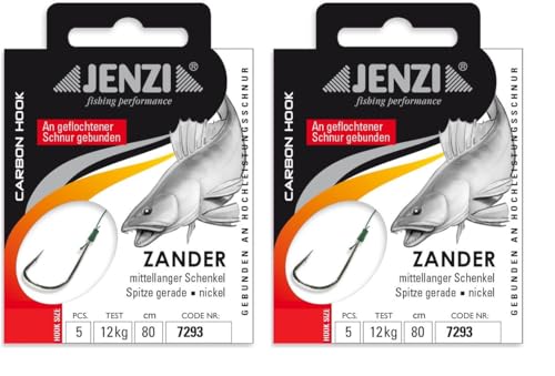 Set 2 Packungen JENZI gebundene Zanderhaken (10 Stück) an geflochtener Schnur, 80cm Zander Vorfach montiert Hakengröße, 1, 1/0, 2, oder 4 + gratis Petri Heill! Aufkleber (Hakengröße 1/0) von blntackle76