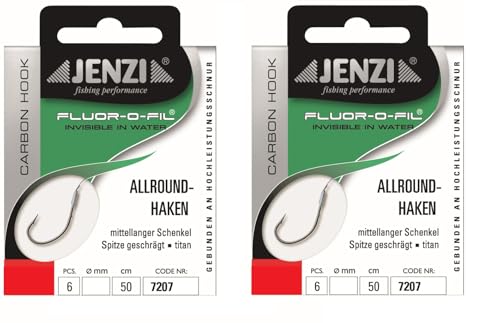 Set: 2 Packungen JENZI gebundene Allroundhaken Angelhaken (12 Stück), an Fluor Carbon, Vorfach fertig 50cm Hakengröße 4, 6, 8, 10, 12 + gratis Petri Heill! Aufkleber (Hakengröße 6) von blntackle76