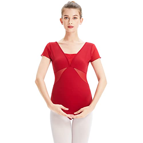 boruizhen Ballett Trikot Damen Turnanzug Mädchen Kurzarm Gymnastikanzug Mesh Tanztrikot mit BH-Pad Rot,XXL von boruizhen