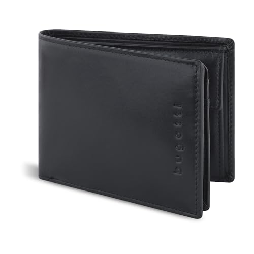 bugatti Romano Geldbörse mit RFID-Blocker, Portemonnaie aus robustem Rindleder Querformat, Geldtasche mit Klappe für Herren, schwarz bugatti Romano Geldbörse mit RFID-Blocker, Portemonnaie aus robustem Rindleder Querformat, Geldtasche mit Klappe für Herren, schwarz von bugatti
