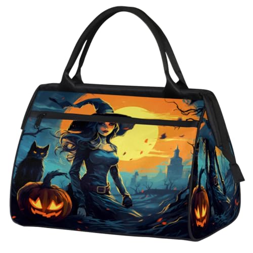 Halloween Hexe Schwarze Katze Kürbis Turnbeutel für Damen Herren, Reise Sport Duffel Bag mit Trolleyhülle, wasserdichte Sport Gym Bag Weekender Übernachtung Tasche Carry On Tote Bag für Reisen Gym von cfpolar