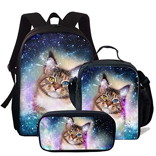 chaqlin 3-teiliges Rucksack-Set, Schultaschen, Lunchbags, Stifthalter für Jungen und Mädchen, Schulanfang, Büchertaschen, Galaxy Cat, Einheitsgröße, Schulranzen-Set von chaqlin