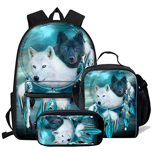 chaqlin Cool Wolf Schultasche Kinder Jungen Rucksack Tier Mittagessen Tasche Federmäppchen Große Kapazität Jungen Büchertasche Set 3 Stück, 3 x Wolf -3, Einheitsgröße, Kinderrucksack von chaqlin