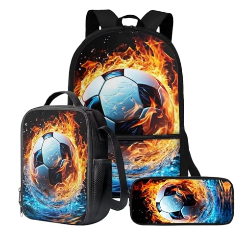 chaqlin Schulrucksack-Set für Kinder, Jungen, Schultaschen mit Lunchbox und Federmäppchen, 3-teiliges Set, Kinder-Büchertaschen, Kühltasche, Stifttasche, Flame Football Soccer, Kinderrucksack von chaqlin