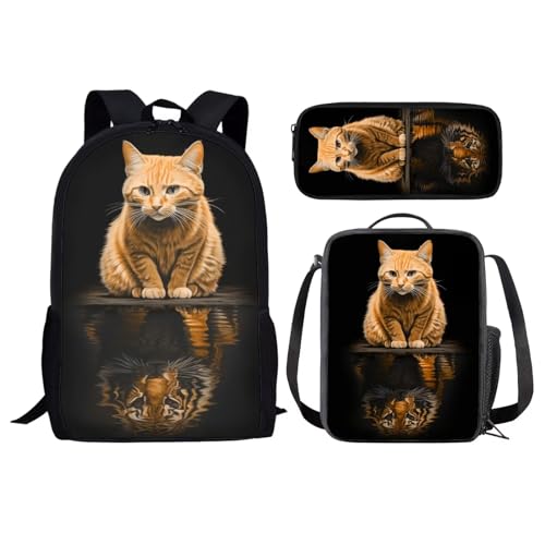 chaqlin Tier Print Rucksack für Kinder Jungen Schultaschen mit niedlicher Katze und Tiger Print Buchtaschen Große Reise Rucksack Set 3-Pack Tier Schultaschen mit Mittagessen Taschen Bleistift Fall von chaqlin