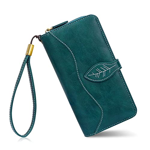 conisy Geldbörse Damen Gross, Portemonnaie Damen Leder mit RFID Schutz, Lang Clutch Geldbeutel Damen mit Handyfach (Pfauenblau) von conisy