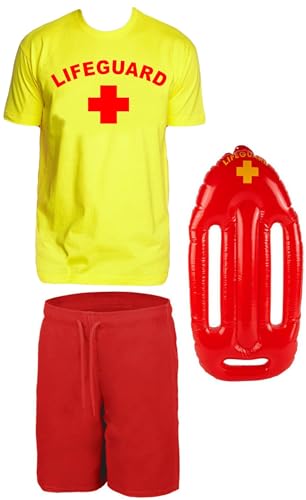 Lifeguard Schwimmboje Kostüm Rettungsschwimmer 3 teilig Set t-Shirt gelb Badehose rot Gr.S von coole-fun-t-shirts