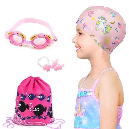 crazy bean Set Schwimmbrille Kinder 5 Stück Kinderschwimmbrille mit Silikon Badekappe Kinder,Nasenklammer Schwimmen&Ohrstöpsel,Drawstring-Rucksack Anti-Fog-Linse Schwimmbrille Kinder,Rosa von crazy bean