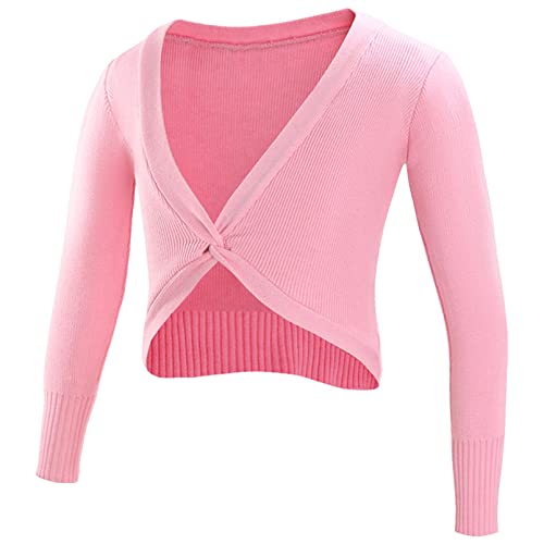 dPois Mädchen Ballettjacke Langarm Wickeljacke Tanz Turnen Gymnastik Strickjacke Oberteil Bolero Tops Kinder Ballettkleidung Rosa 122-128/7-8 Jahre von dPois