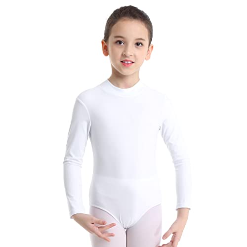 dPois Mädchen Body Langarm Ballettanzug Tanzen Ballett Trikot Leotard Bodysuit Kleinkind Gymnastikanzug Turnanzug Gr. 98-152 in Schwarz Weiß Rosa Weiß 128-140/8-10 Jahre von dPois