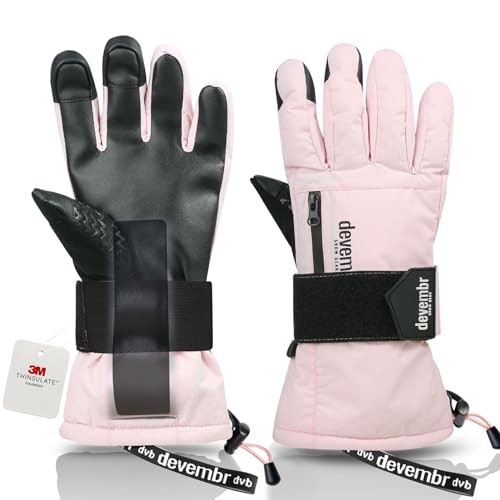 devembr Skihandschuhe mit Handgelenkschützern, Warme Snowboardhandschuhe für Herren und Damen, Rosa, XS von devembr