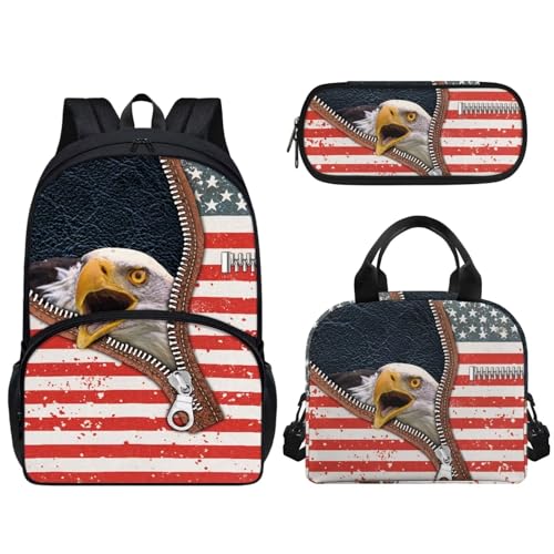 dfjjdhee 3-teiliges Kinderrucksack, Büchertasche, Schulrucksack, hohe Kapazität, Thermo-Lunch-Tragetasche, isolierte Lunchtasche, Federmäppchen, 3-teiliges Set, Schulbedarf, American Flag Eagle, von dfjjdhee