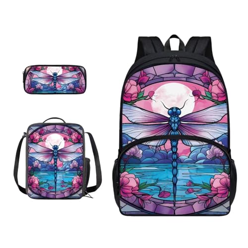 dfjjdhee Astronauten-Rucksack-Set mit buntem Malmuster, für Kinder, Jungen, Mädchen, 43,2 cm, große Schultasche mit Lunchtasche, Federmäppchen, 3-teiliges Set, Schulbedarf, Libelle Pink Floral Moon, von dfjjdhee