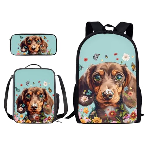 dfjjdhee Kinder-Büchertasche mit niedlichem Corgi-Hundemuster, Lunchbox, Federmäppchen für Vorschule, Grundschule, Rucksack, Set für Jungen und Mädchen, 3 Stück, Dackel, Hund, Schmetterling, von dfjjdhee