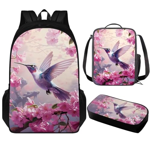 dfjjdhee Schulbus Schulrucksack für Jungen 8-12 Kindergarten Grundschultasche und Lunchtasche Set Tollder Chidlren Rucksack Kinder Büchertasche mit Lunchbox Federmäppchen 3-teilig Gelb, Kolibri-Blume, von dfjjdhee