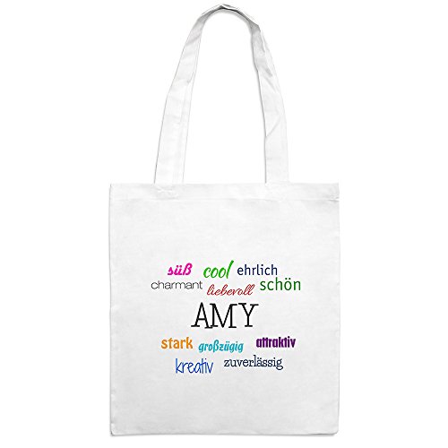 Jutebeutel mit Namen Amy - Motiv Positive Eigenschaften - Farbe weiß – Stoffbeutel, Jutesack, Hipster, Beutel von digital print