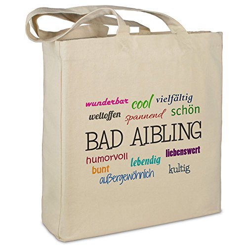 Stofftasche mit Stadt/Ort Bad Aibling - Motiv Positive Eigenschaften - Farbe beige - Stoffbeutel, Jutebeutel, Einkaufstasche, Beutel von digital print