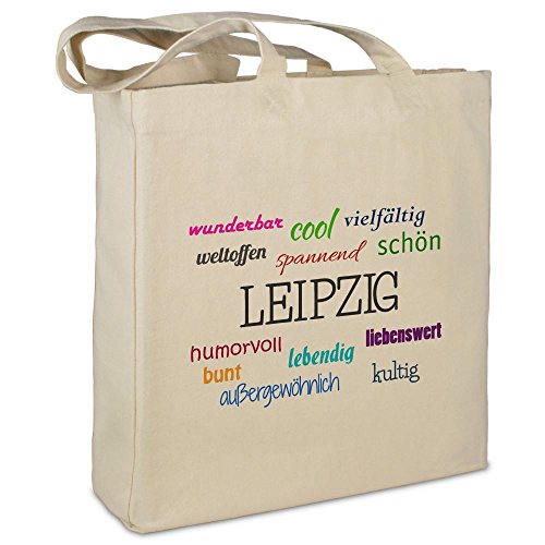 Stofftasche mit Stadt/Ort Leipzig - Motiv Positive Eigenschaften - Farbe beige - Stoffbeutel, Jutebeutel, Einkaufstasche, Beutel von digital print