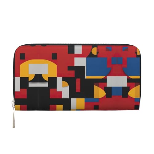 Zusammensetzung in Rot, Gelb, Blau und Schwarz bedruckt, modische funktionelle Ledergeldbörse für Damen, lässige Clutch, Geldbörse, Reisebrieftasche, Schwarz, Einheitsgröße, Kunst von dkkuvt