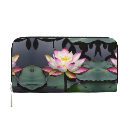 dkkuvt Lotus Flower White Print Fashion Functional Leather Wallet for Women Casual Clutch Purse Travel Wallet, Schwarz, Einheitsgröße, Kunst von dkkuvt