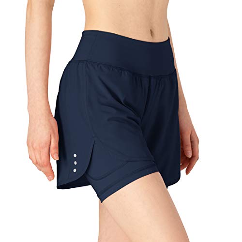 donhobo Damen 2 in 1 Kurze Hose Schnelltrocknende Laufshorts Fitness Joggen und Training Sporthose für Yoga Sport Gym Running (Navy, 2XL) von donhobo