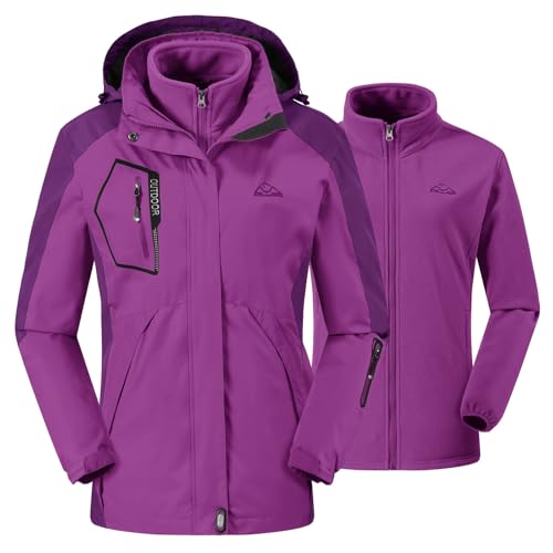 donhobo Damen 3-in-1 Jacke Fleecejacke wasserdichte Winddichte Skijacke Winterjacke Wanderjacke Softshelljacke Regenjacke mit Kapuze Lila L von donhobo