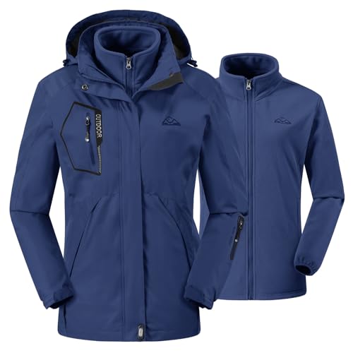 donhobo Damen 3-in-1 Skijacke mit Fleecejacke wasserdichte Regenjacke Outdoorjacke mit Kapuze Abnehmbare Funktionsjacke Warm Winterjacke Doppeljacke Blau S von donhobo