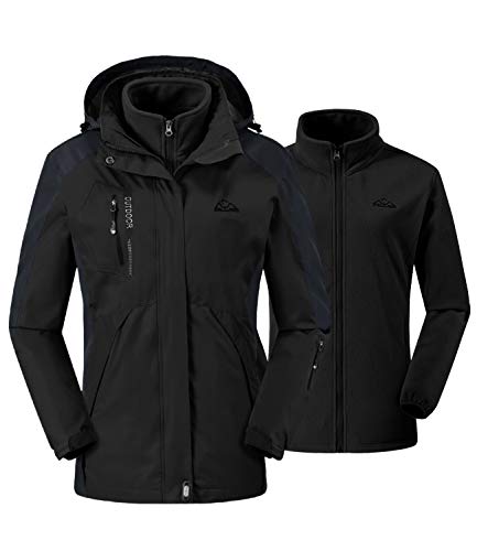 donhobo Damen Outdoor 3-in-1 Skijacke, Zweiteilige Winterjacke mit Fleecejacke, Winddicht Wasserdicht Freizeitjacke Warm Mantel Jacke mit Kapuze Schwarz L von donhobo