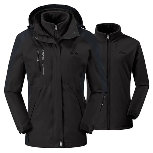 donhobo Damen Outdoor 3-in-1 Skijacke, Zweiteilige Winterjacke mit Fleecejacke, Winddicht Wasserdicht Freizeitjacke Warm Mantel Jacke mit Kapuze Schwarz M von donhobo