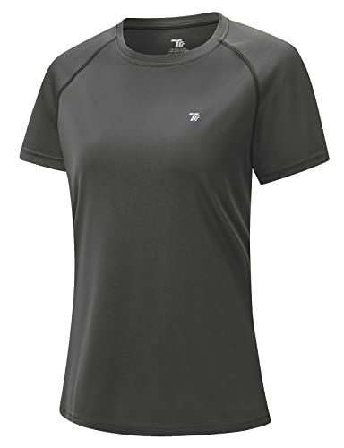 donhobo Damen Sport Fitness T-Shirt Kurzarm O-Ausschnitt Laufshirt Sommer Atmungsaktiv Schnelltrocknend Casual Sportshirt Running Traniningsshirts (Dunkelgrau, XL) von donhobo