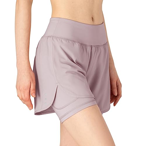 donhobo Damen Sportshorts 2 in 1 Kurze Hose Laufshorts Leggings Elastisch Unterhosen Fitness Sommer Boxershorts Yoga Gym Shorts (Rosa Lila, L) von donhobo