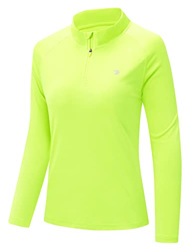 donhobo Sport T-Shirt Damen Langarmshirt Workout Tops 1/4 Reißverschluss Athletisch Lässig Laufen Yoga Fitness T-Shirts Schnelltrocknend (Fluoreszierendes Grün, XXL) von donhobo