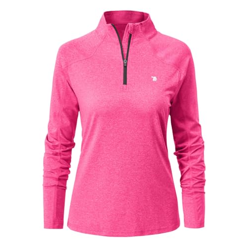 donhobo Sportshirt Damen Langarm Laufshirt Funktionsshirt Atmungsaktiv Sporttop Trainingsshirt Yoga Shirts mit 1/4 Reißverschluss (Rosenrot, L) von donhobo