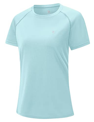 donhobo T-Shirts für Damen Sportshirt Kurzarm mit Reflexstreifen Leicht Atmungsaktiv Stretch Funktionsshirt Rundhals Tshirt Schnelltrocknend Laufshirt (Hellblau, M) von donhobo